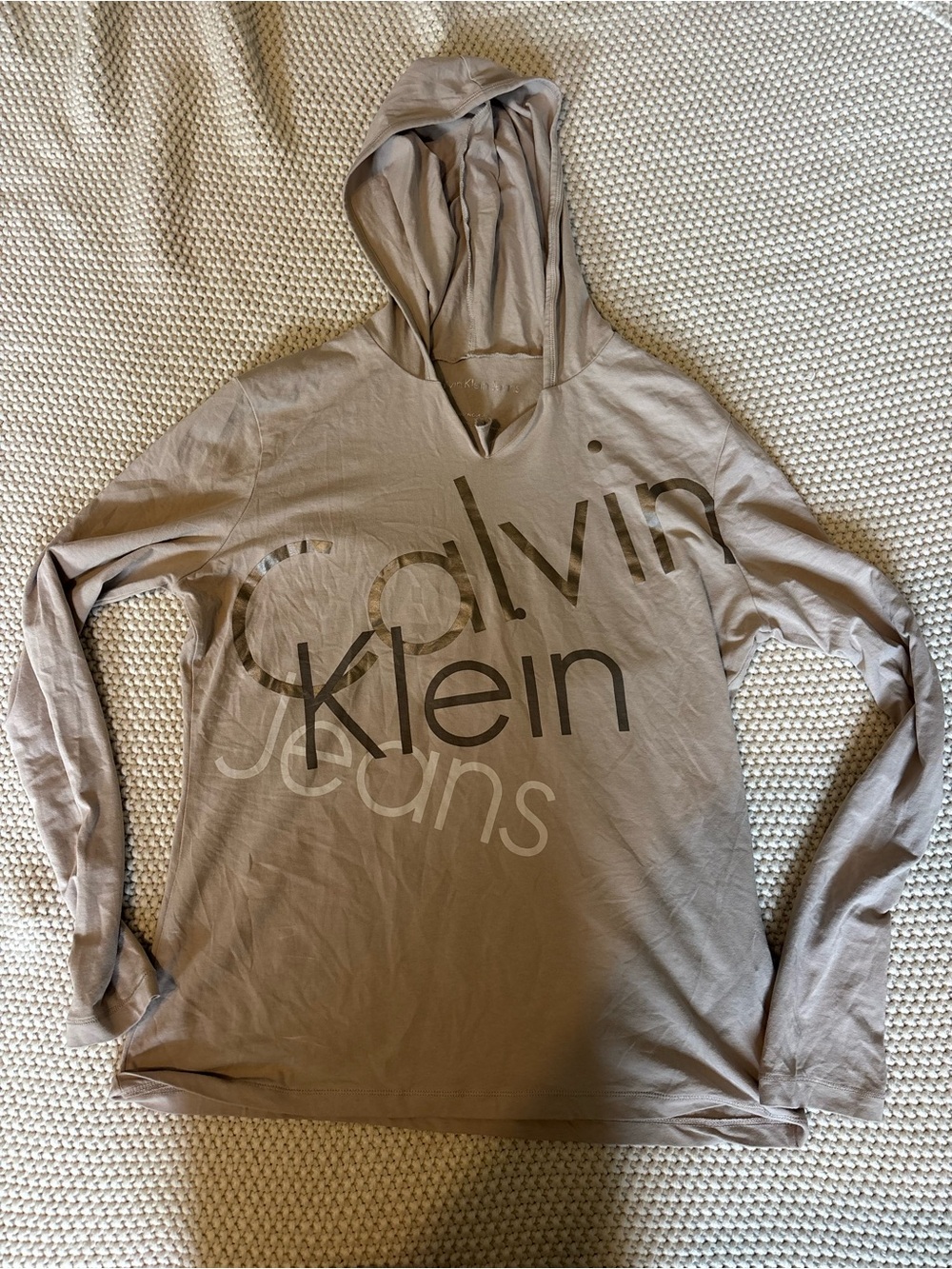 Calvin Klein Taupe Long-Sleeve lightweight Hooded Logo Top- hole in back see pic
